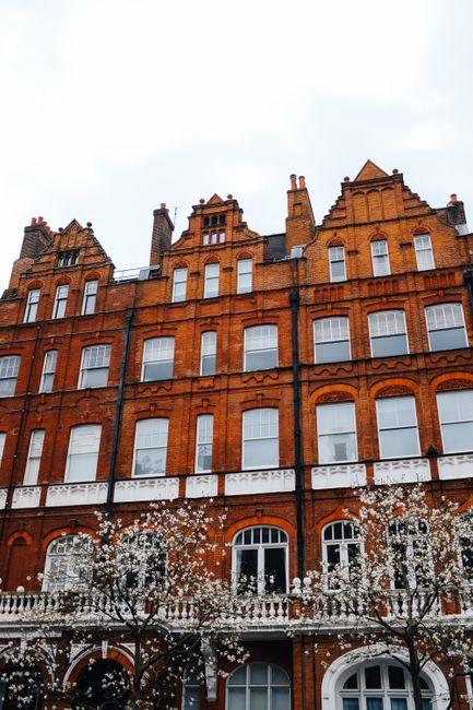 A tall, multi-storey red-brick building with large white-framed windows and decorative architectural details, situated on a street with a sidewalk lined by blossoming trees. The building features orna