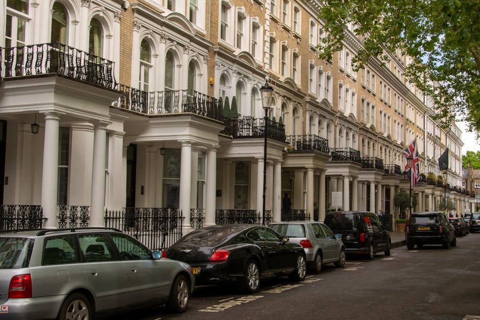 A residential street in Belgravia with wide pavement and large deciduous trees lining both sides of the road, their branches extending over parked cars and supply vans. Several vehicles, including a b
